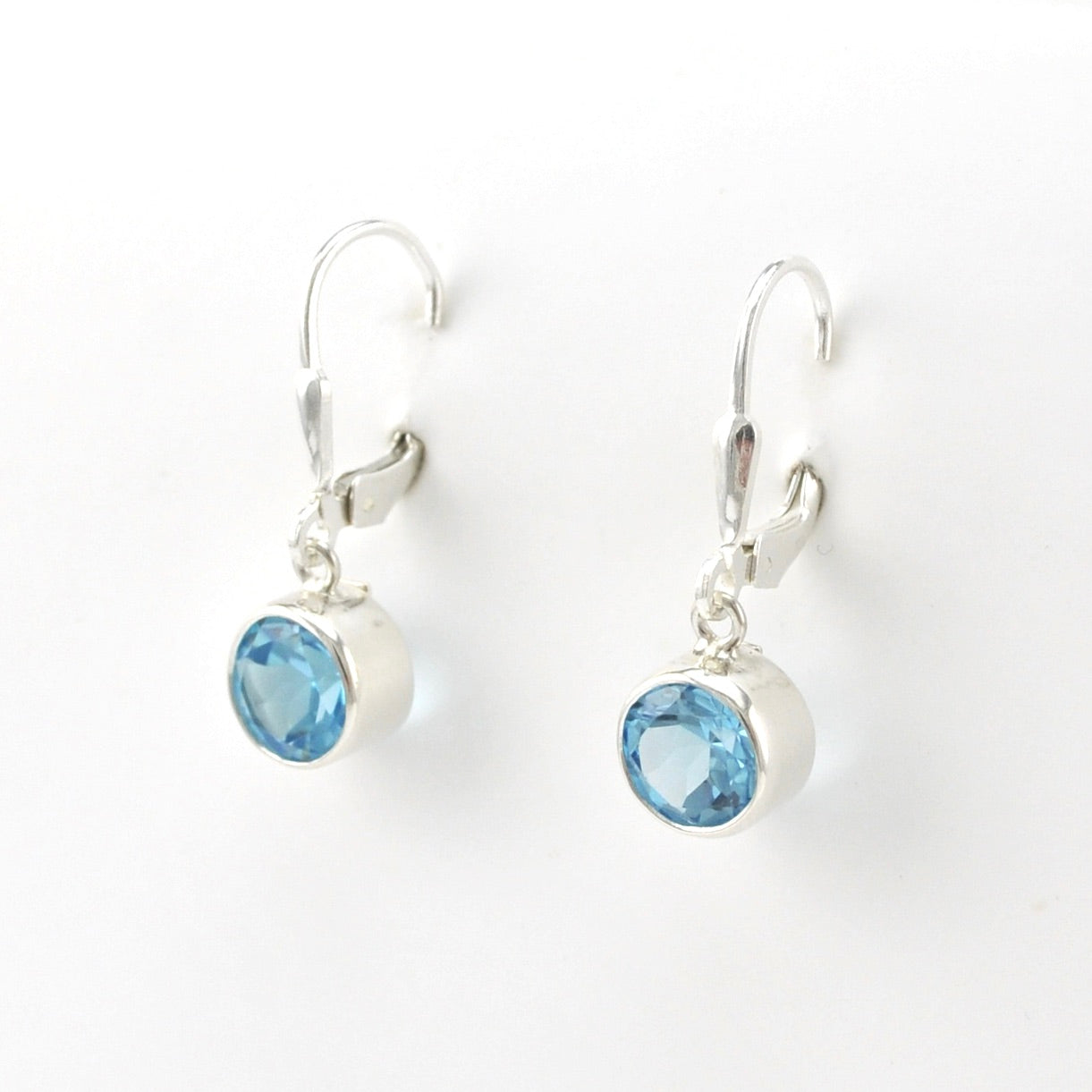 Side View Silver Blue Topaz 7mm Round Dangle Earrings