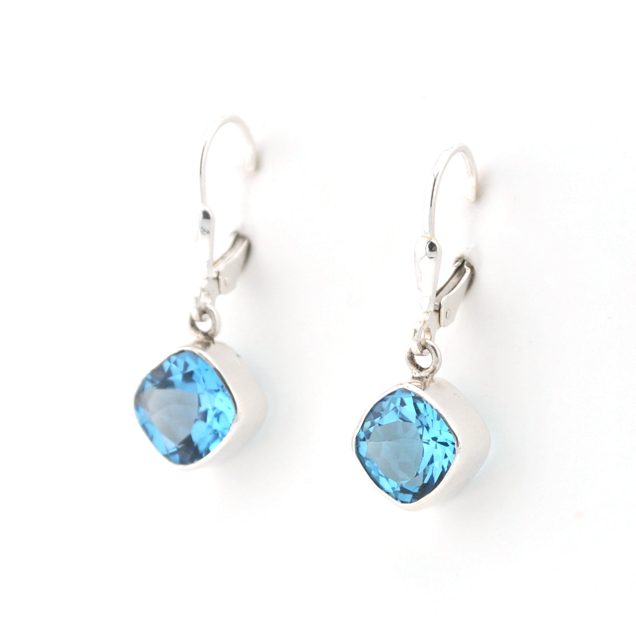 Side View Silver Blue Topaz 8mm Offset Square Earrings
