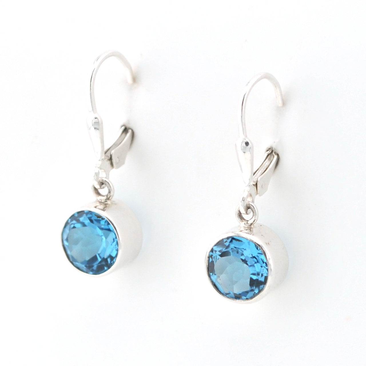 Side View Silver Blue Topaz 8mm Round Dangle Earrings