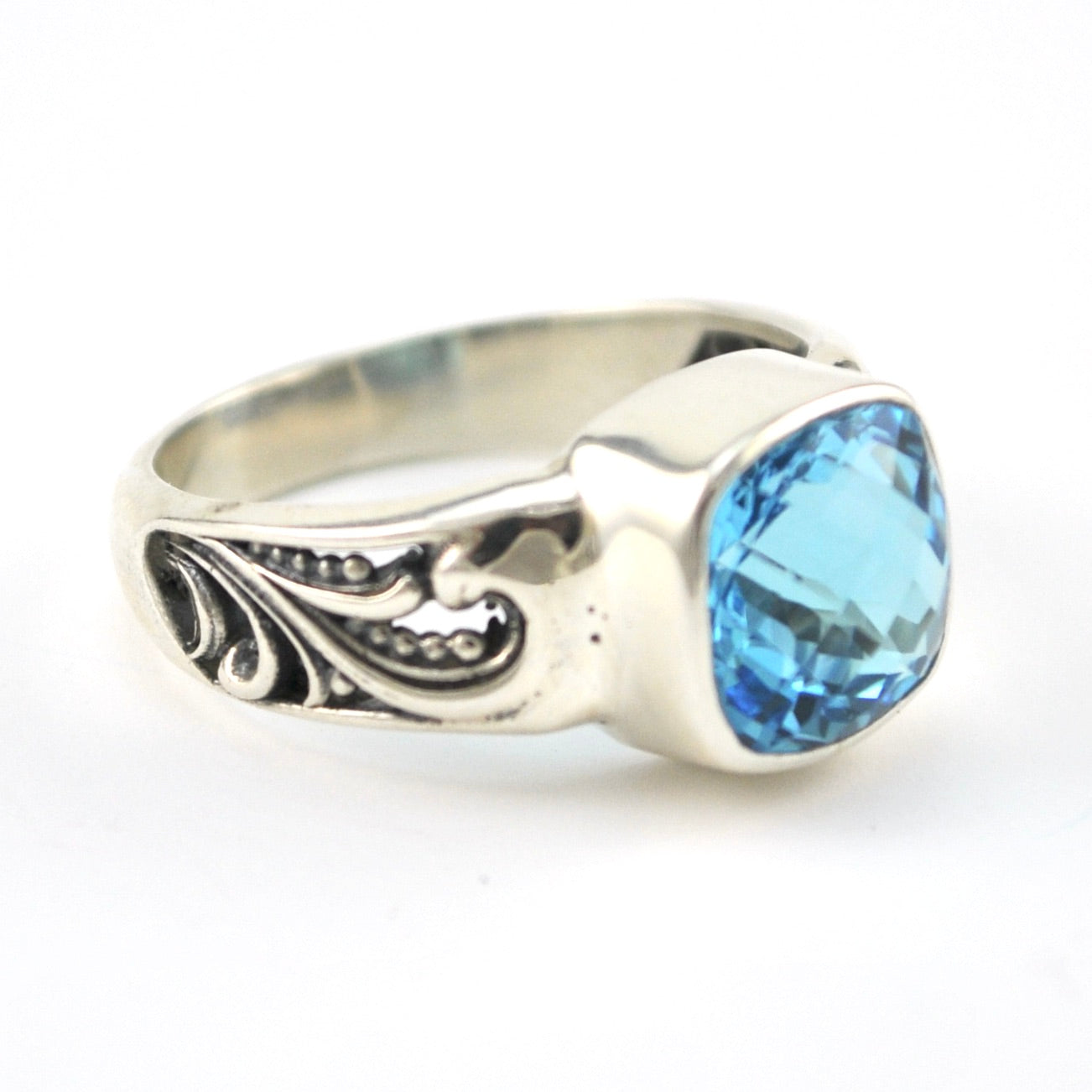Side View Silver Blue Topaz 9mm Square Scroll Ring