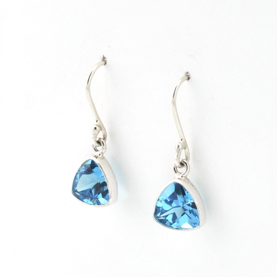 Pair of silver earrings with blue trillion-shaped gemstones on a white background