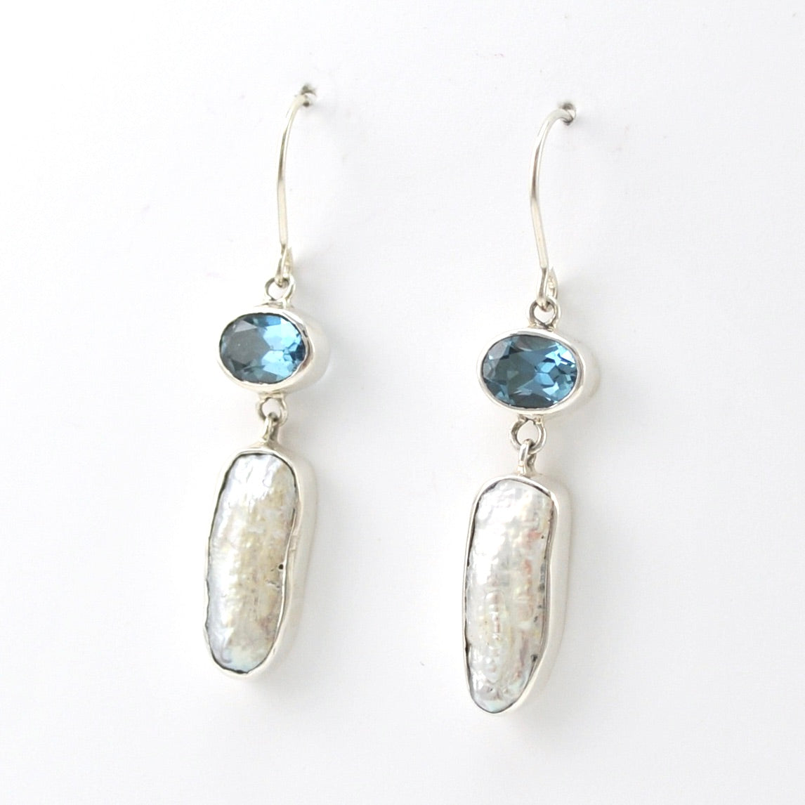 Side View  Silver Blue Topaz and Stick Pearl Earrings