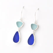 Silver Blue and Aqua Sea Glass Dangle Earrings on white background
