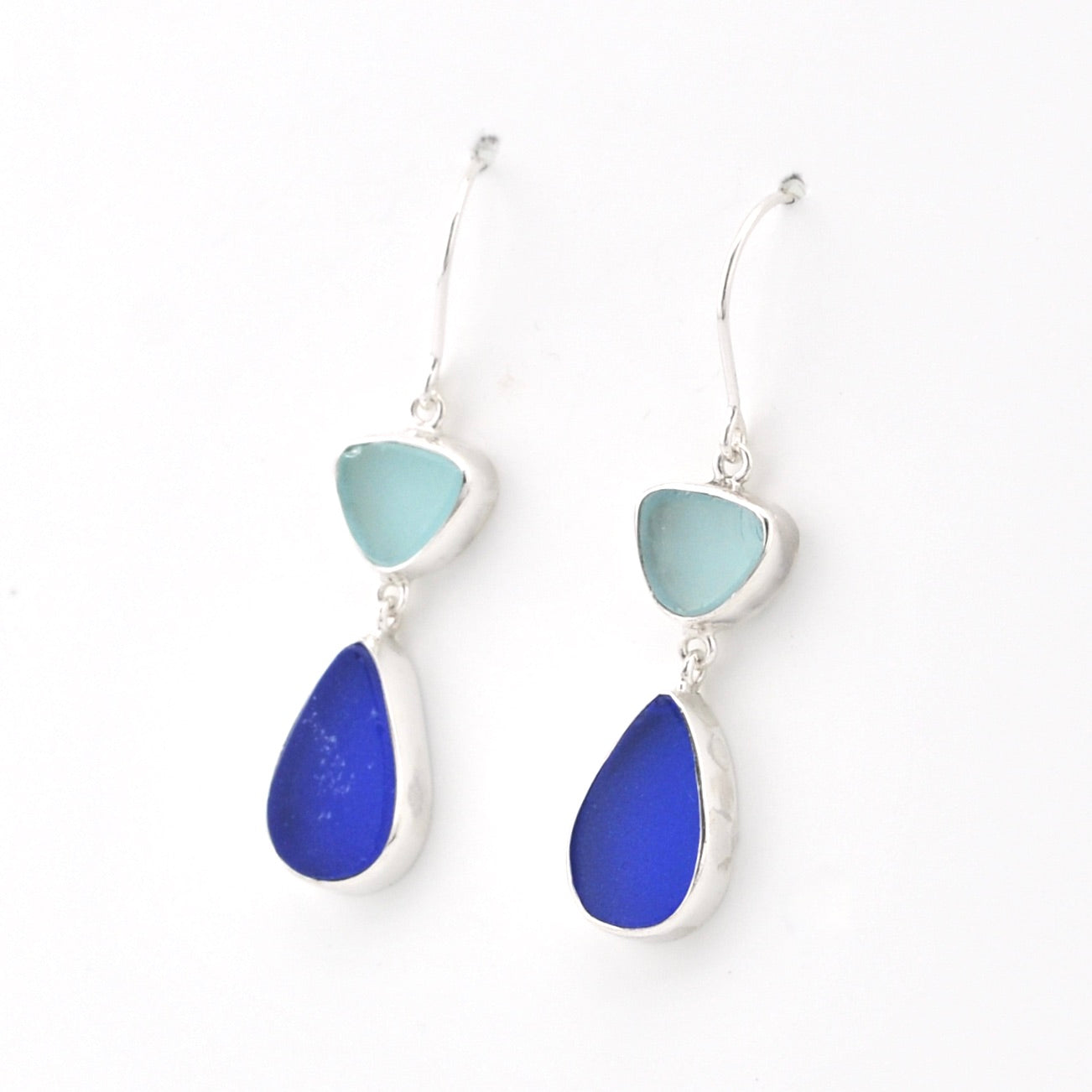 Silver Blue and Aqua Sea Glass Dangle Earrings on white background