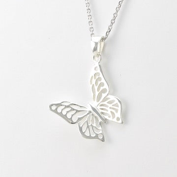 Side View Silver Butterfly with Cut Out Wing Pattern Necklace