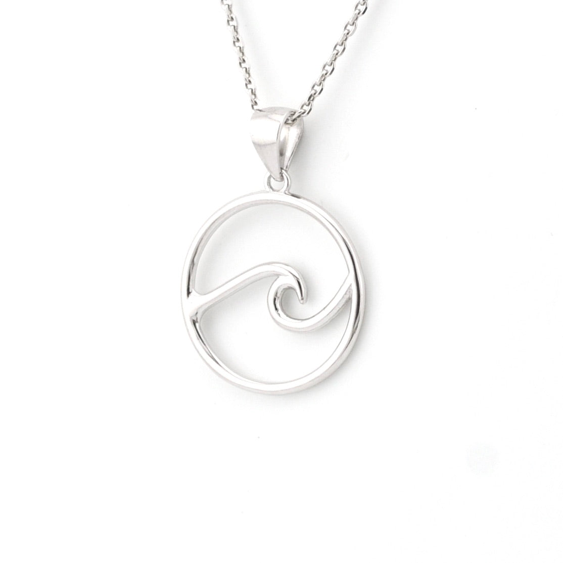 Silver wave pendant necklace on a white background