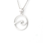 Silver wave pendant necklace on a white background