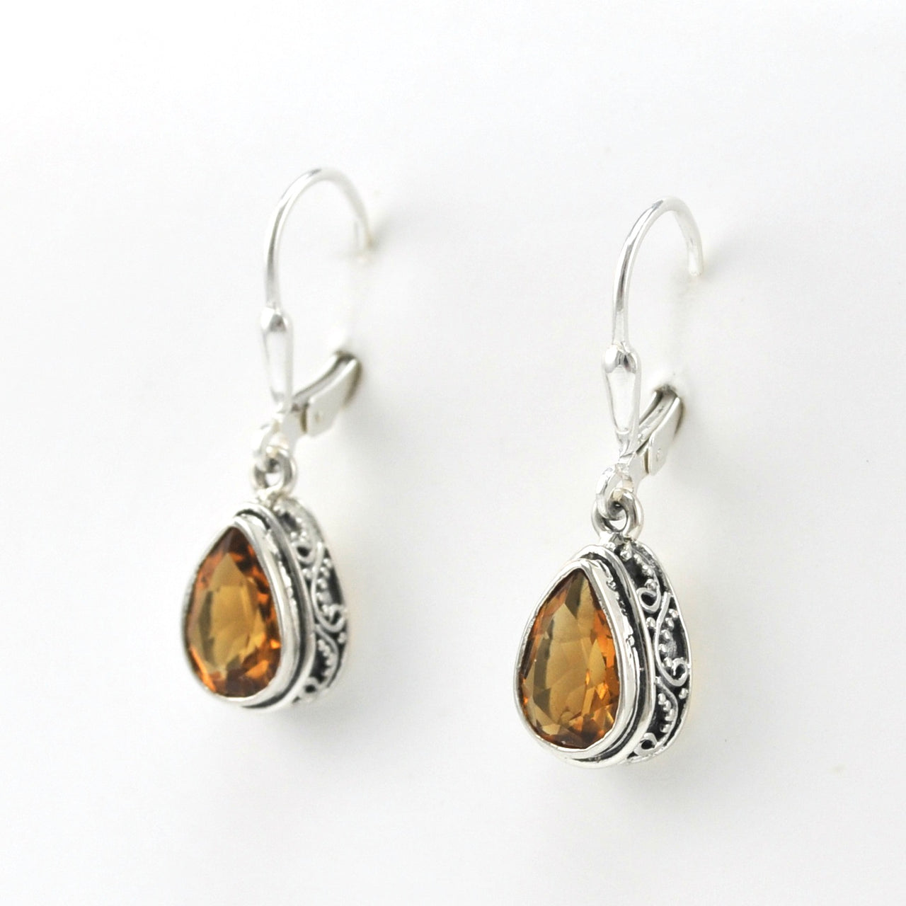 Side View Silver Citrine 6x9mm Tear Bali Dangle Earrings