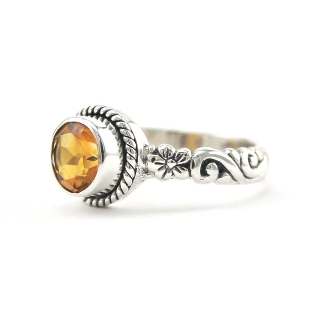 Side View Silver Citrine 7mm Round Bali Scroll Ring