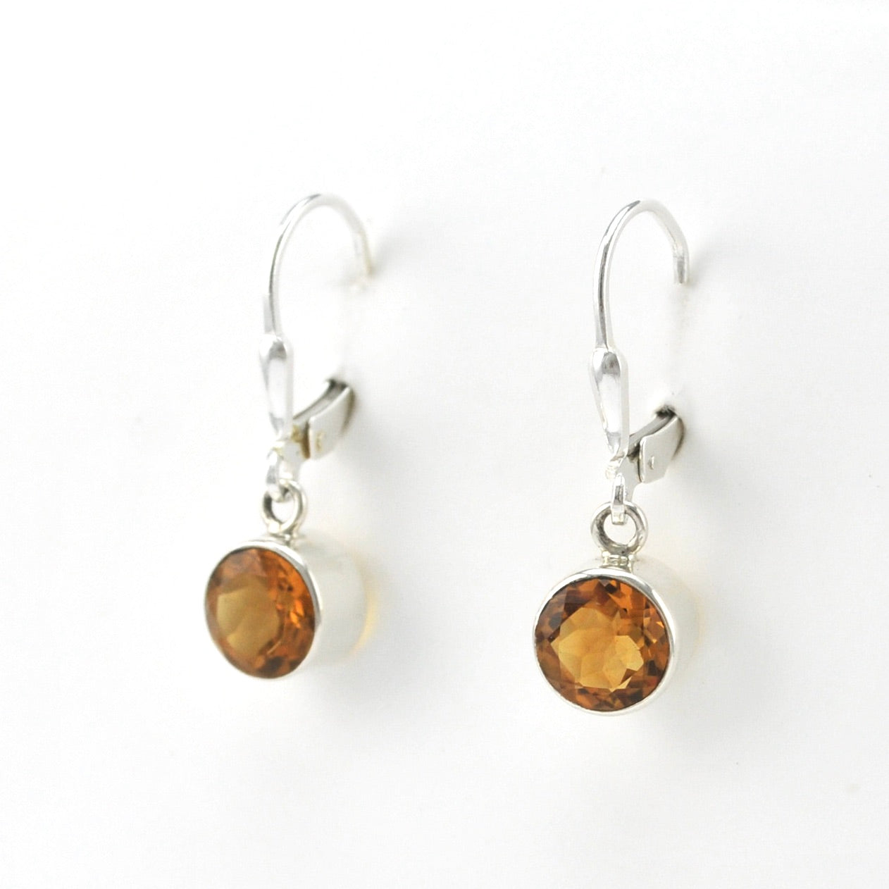 Side View Silver Citrine 7mm Round Dangle Earrings