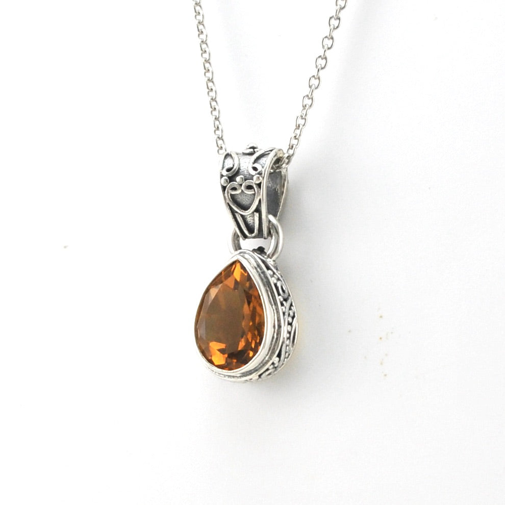 Side View Silver Citrine 7x10mm Tear Bali Necklace