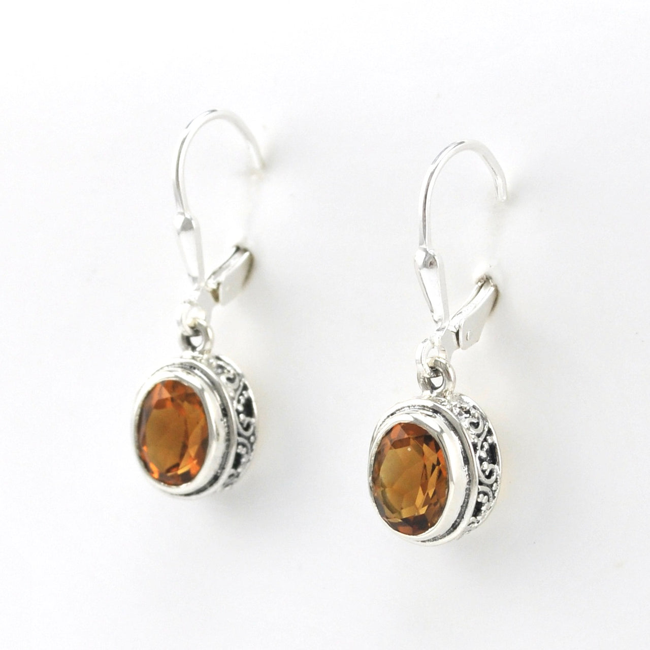 Side View Silver Citrine 7x9mm Oval Bali Dangle Earrings