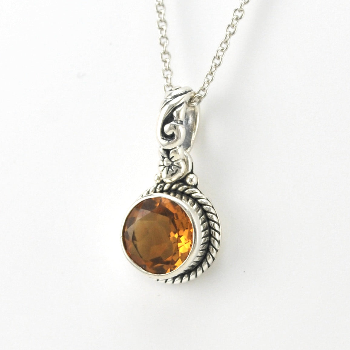 Side View Silver Citrine 8mm Round Bali Necklace