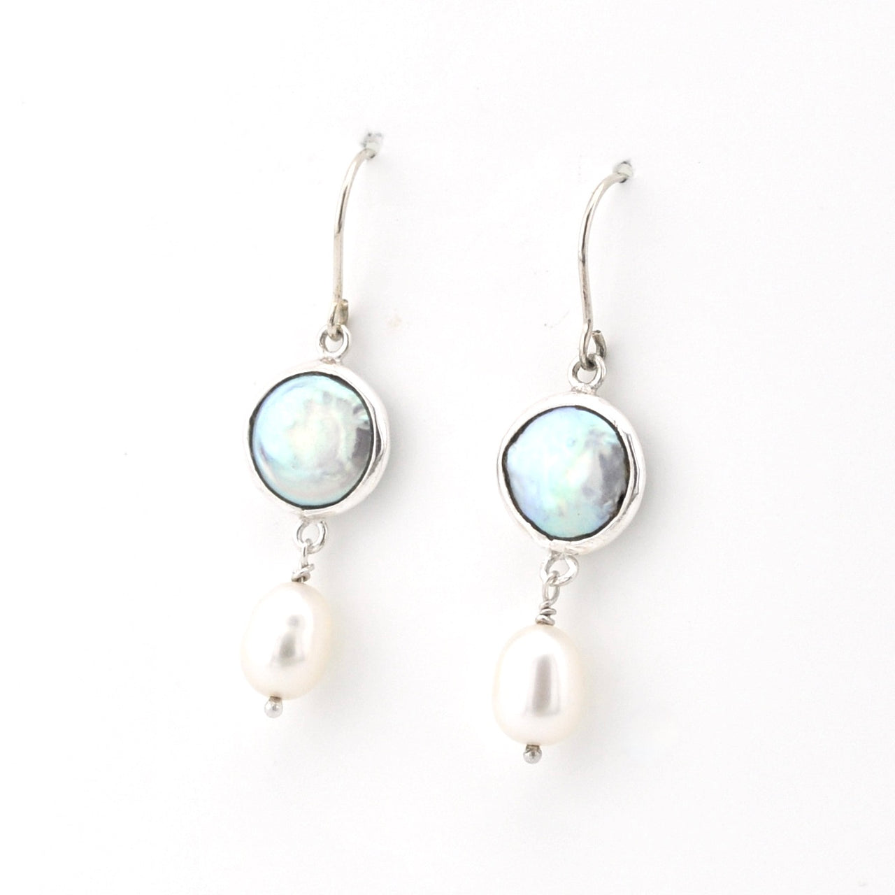 Silver Coin Pearl with Pearl Drop Earrings on white background