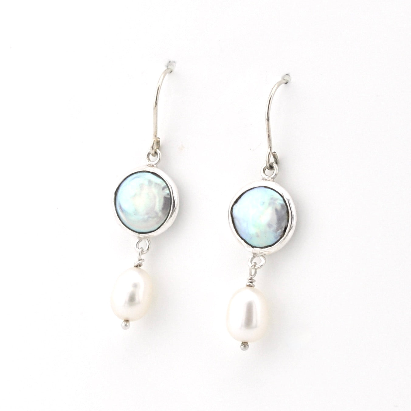 Silver Coin Pearl with Pearl Drop Earrings on white background