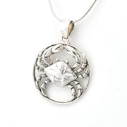 Silver pendant with a crab design on a white background