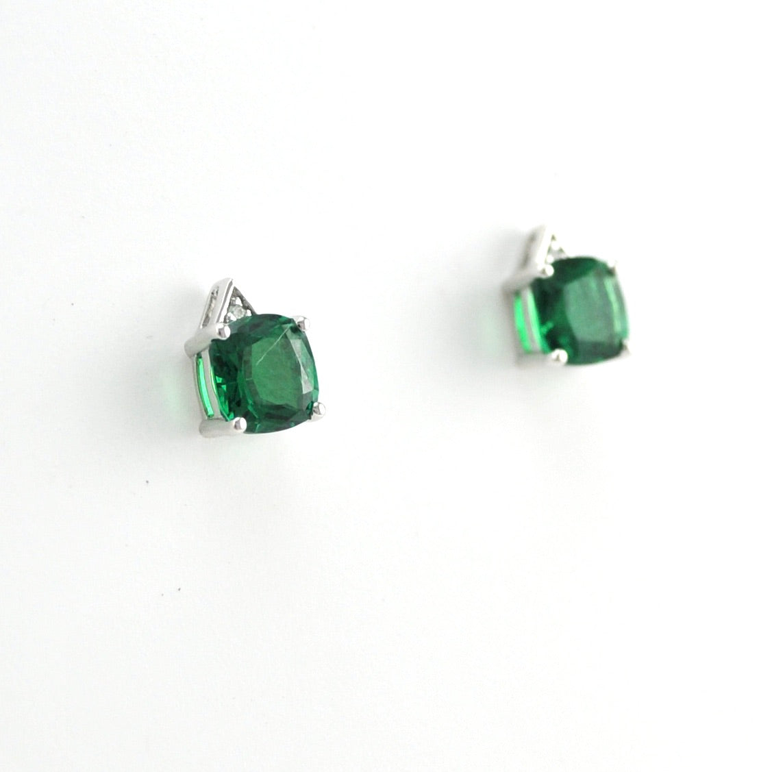 Side View Silver Created Emerald 2ct Square CZ Earrings