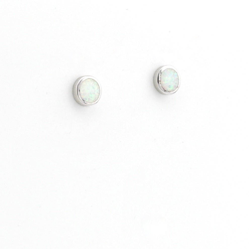 Side View Silver Created Opal White 6mm Round Post Earrings