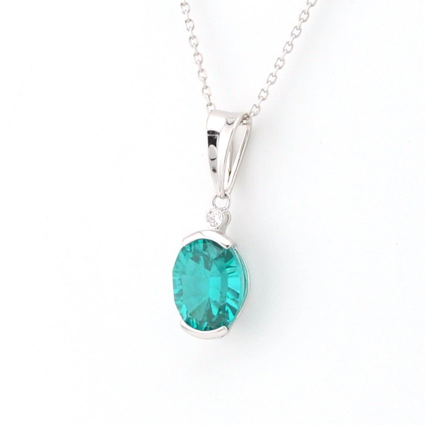 Side View Silver Created Paraiba Oval 3ct CZ Necklace
