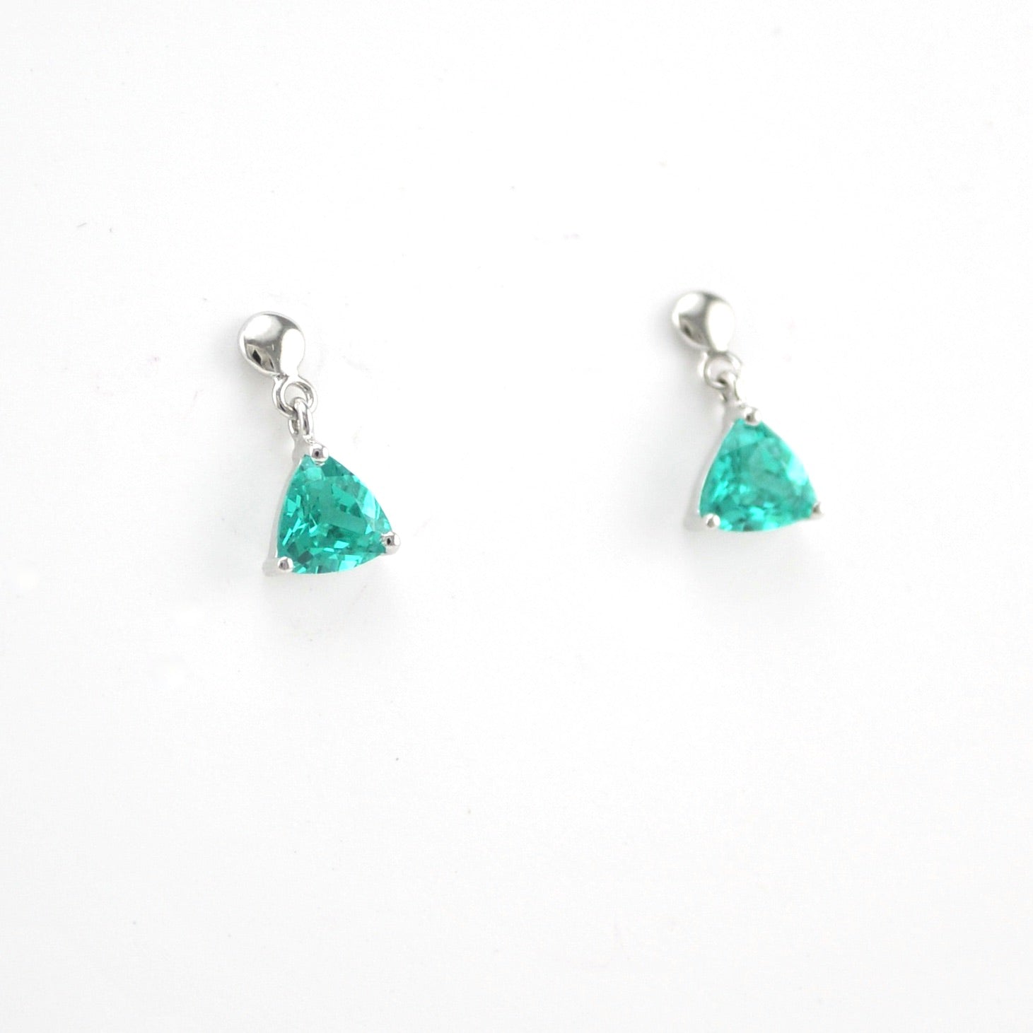Side View Silver Created Pariaba 1ct Trillion Dangle Earrings