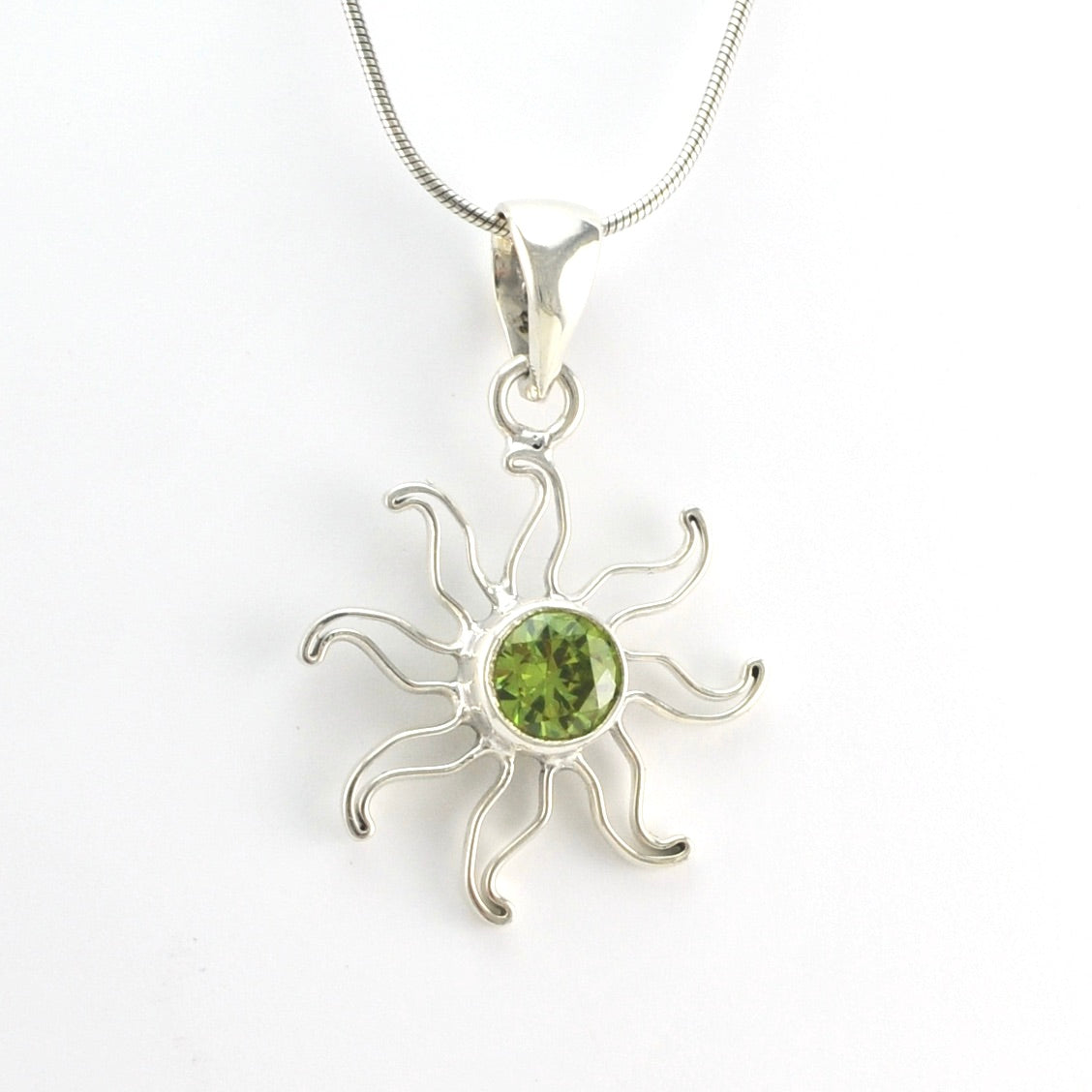 Side View Silver Created Peridot Sun Pendant