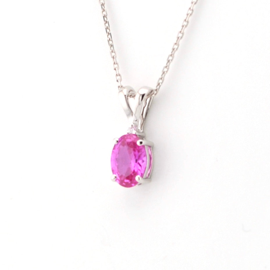 Side View Silver Created Pink Sapphire 1ct Oval CZ Necklace
