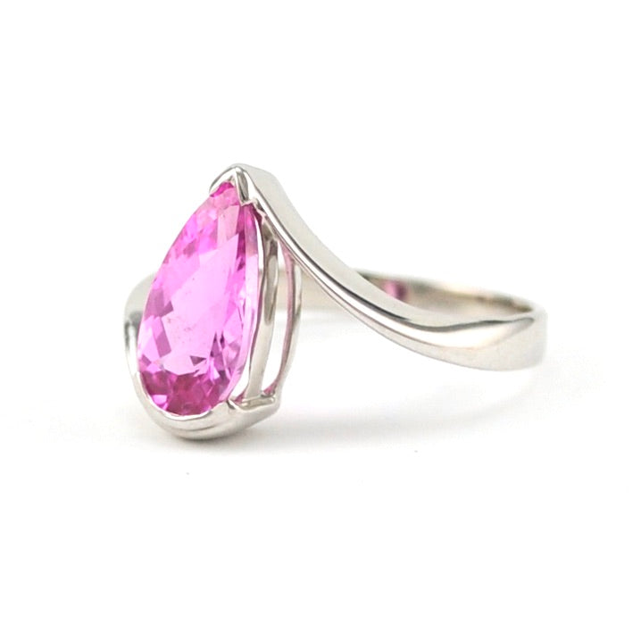 Side View Silver Created Pink Sapphire 2.5ct Tear Ring