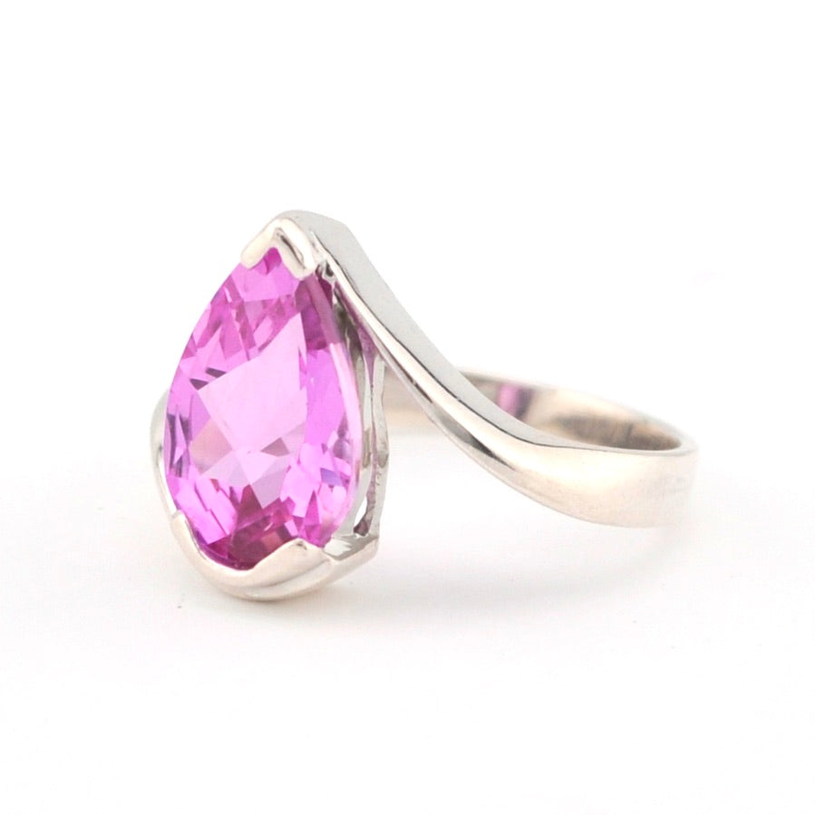 Side View Silver Created Pink Sapphire 3.7ct Tear Ring