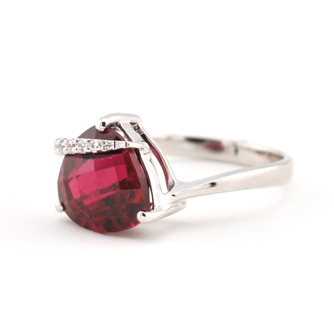 Side View Silver Created Ruby 4.3ct Trillion CZ Ring