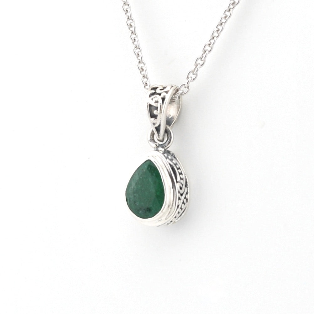 Side View Silver Emerald 5x7mm Tear Bali Necklace