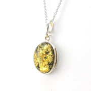 Side View Silver Green Amber Oval Necklace