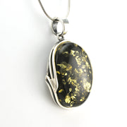 Side View Silver Green Amber Oval Pendant