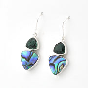 Silver Green Quartz Abalone Trillion Dangle Earrings on white background