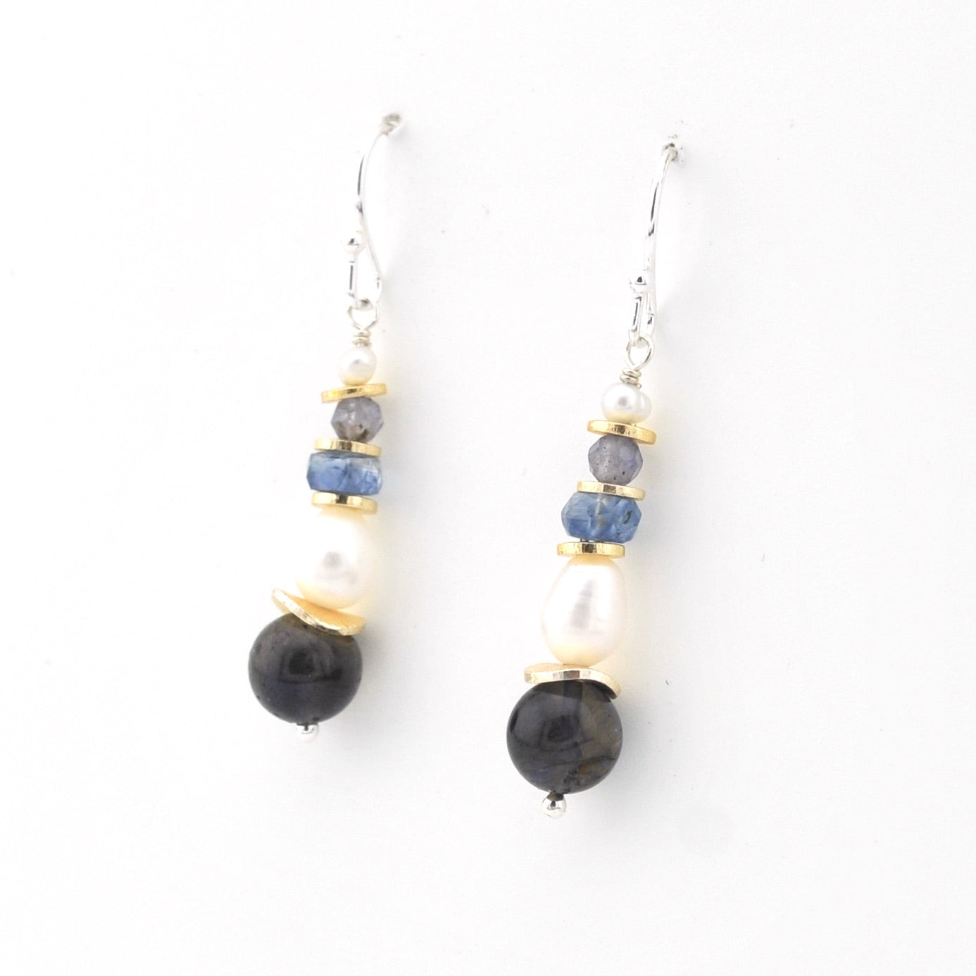 Side View Silver Iolite Kyanite Pearl Dangle Earrings