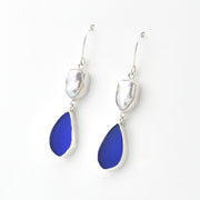 Silver Keshi Pearl Blue Sea Glass Dangle Earrings on white background