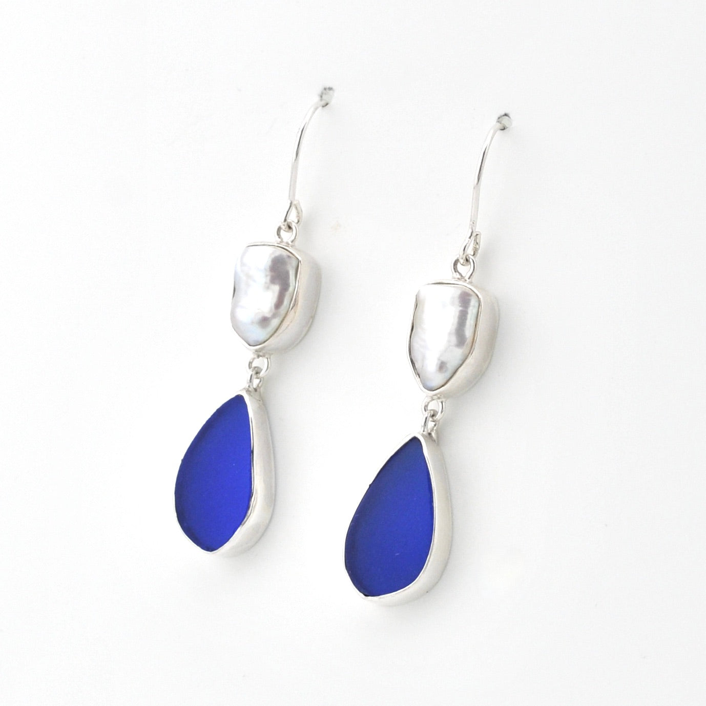 Silver Keshi Pearl Blue Sea Glass Dangle Earrings on white background