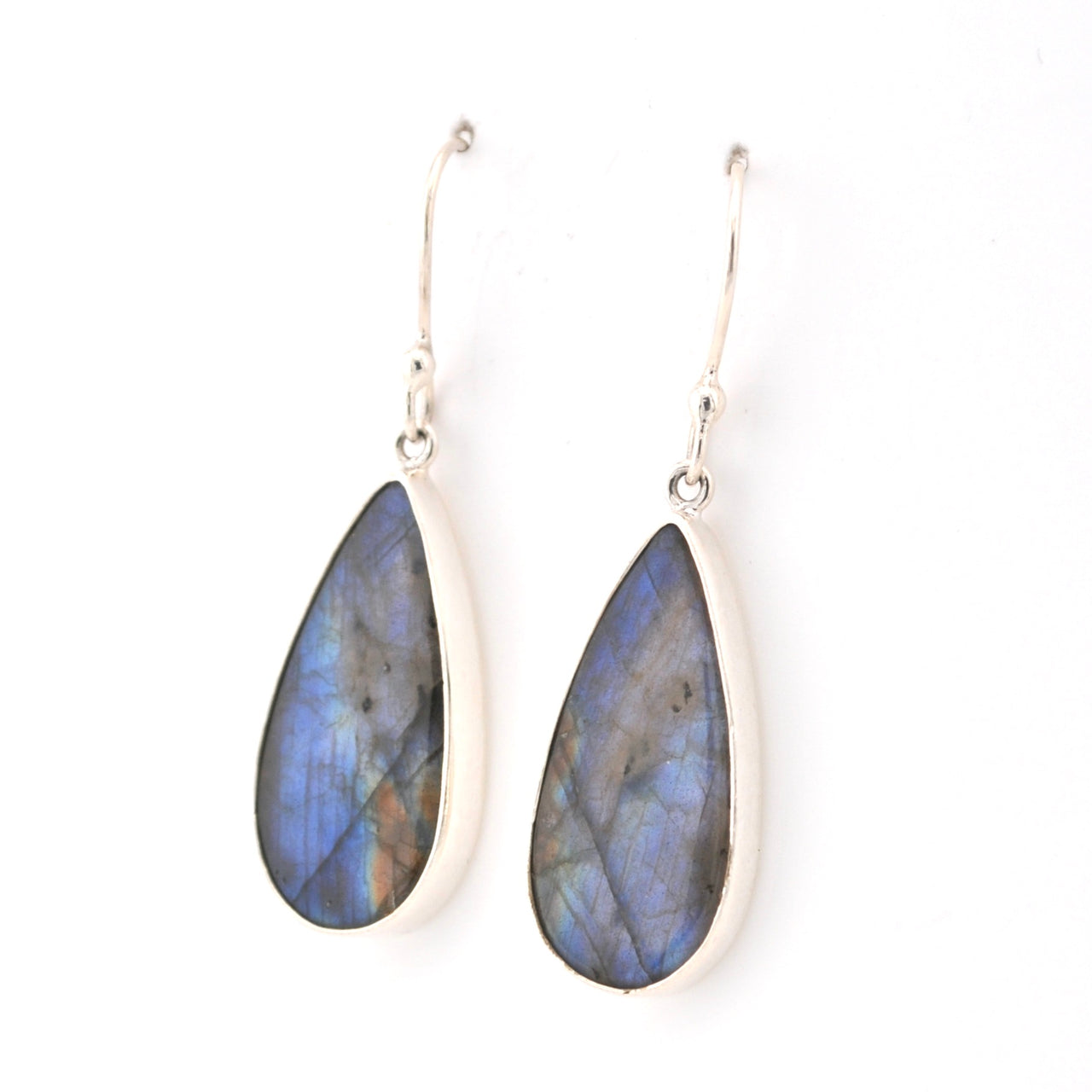 Teardrop-shaped labradorite earrings on a white background