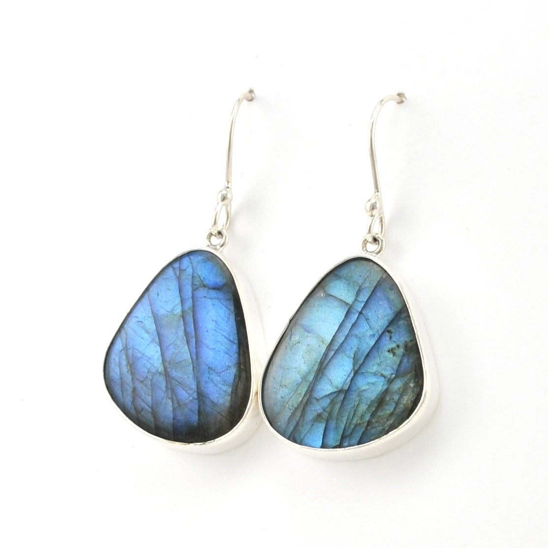 Side View Silver Labradorite Triangular Dangle Earrings