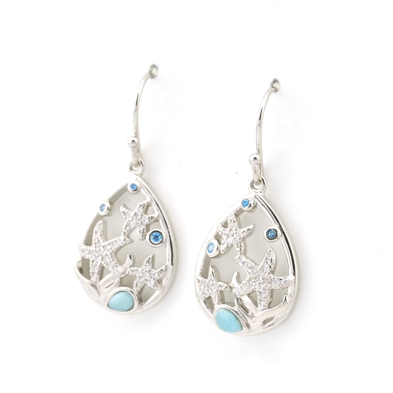 Silver teardrop earrings with starfish designs on a white background