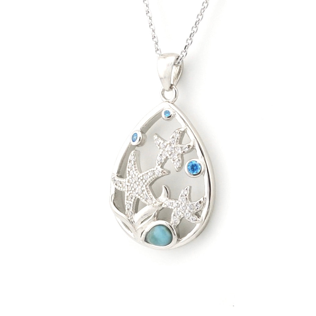Silver pendant with starfish design and blue gemstones on a white background
