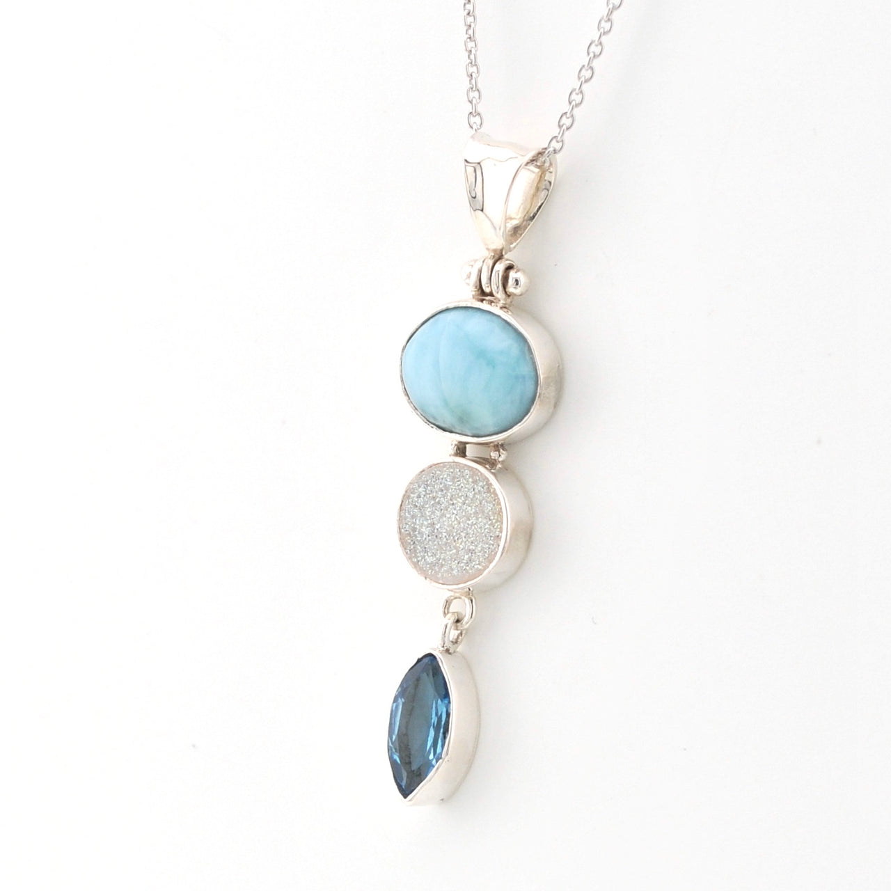 Side View Silver Larimar Druzy Agate Topaz Necklace