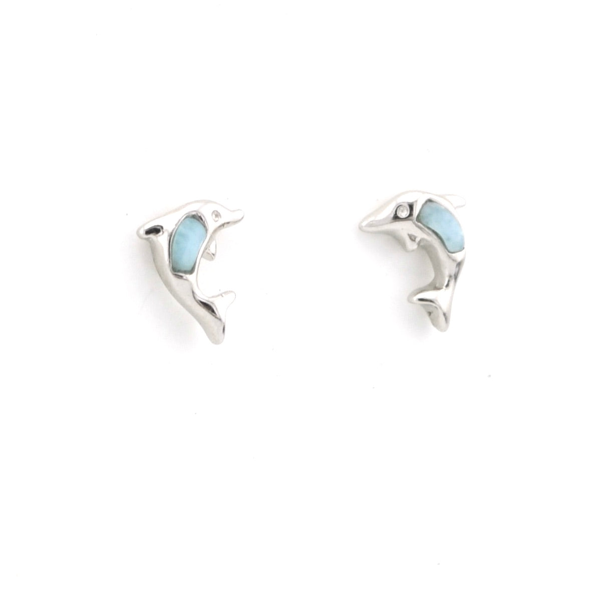 Pair of silver dolphin-shaped earrings with light blue centers on a white background