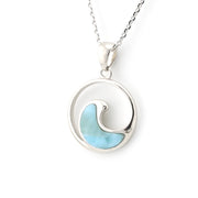 Silver necklace with a circular pendant featuring a blue wave design on a white background