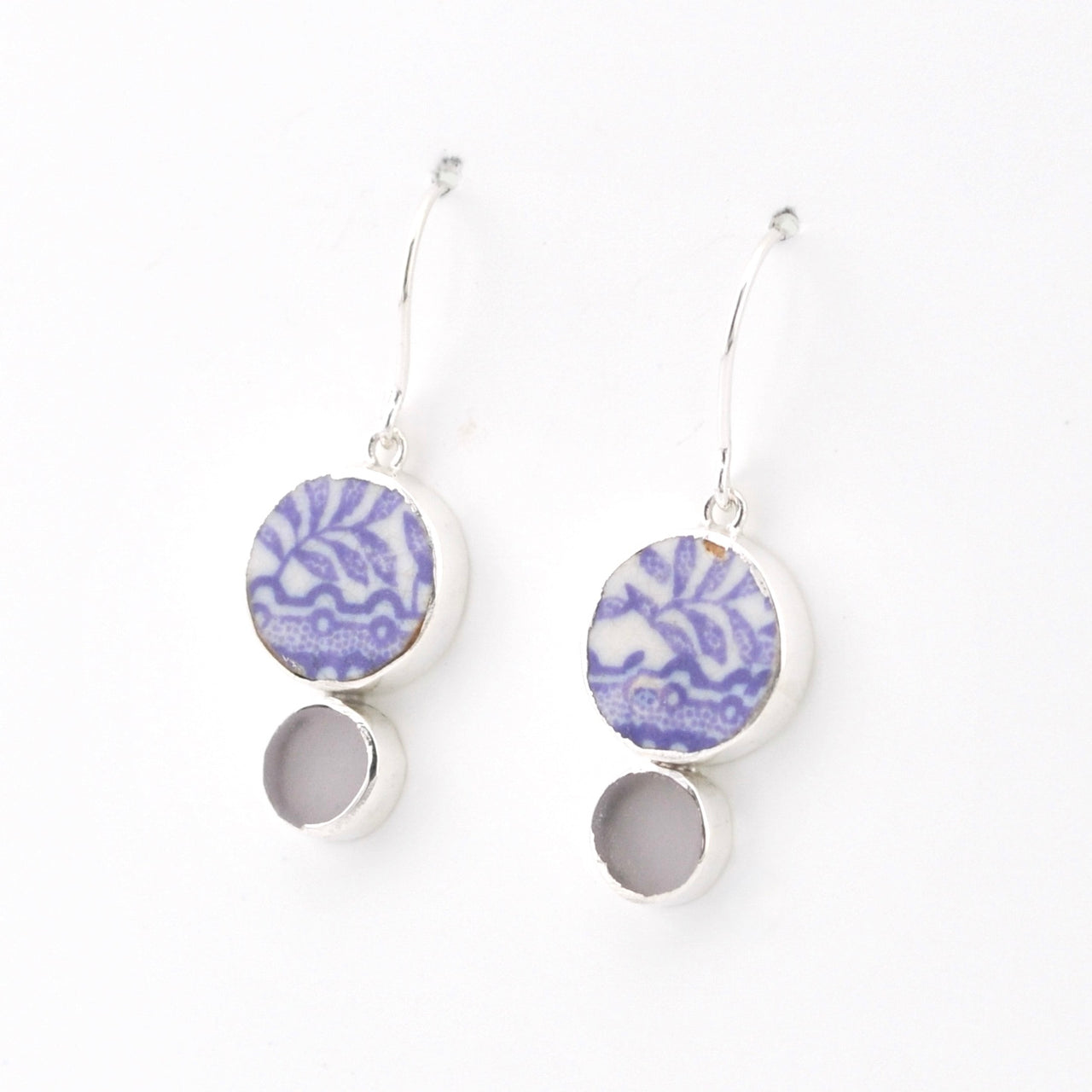 Silver Lavender Vintage Porcelain Sea Glass Dangle Earrings on white background