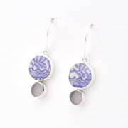 Silver Lavender Vintage Porcelain Sea Glass Dangle Earrings on white background