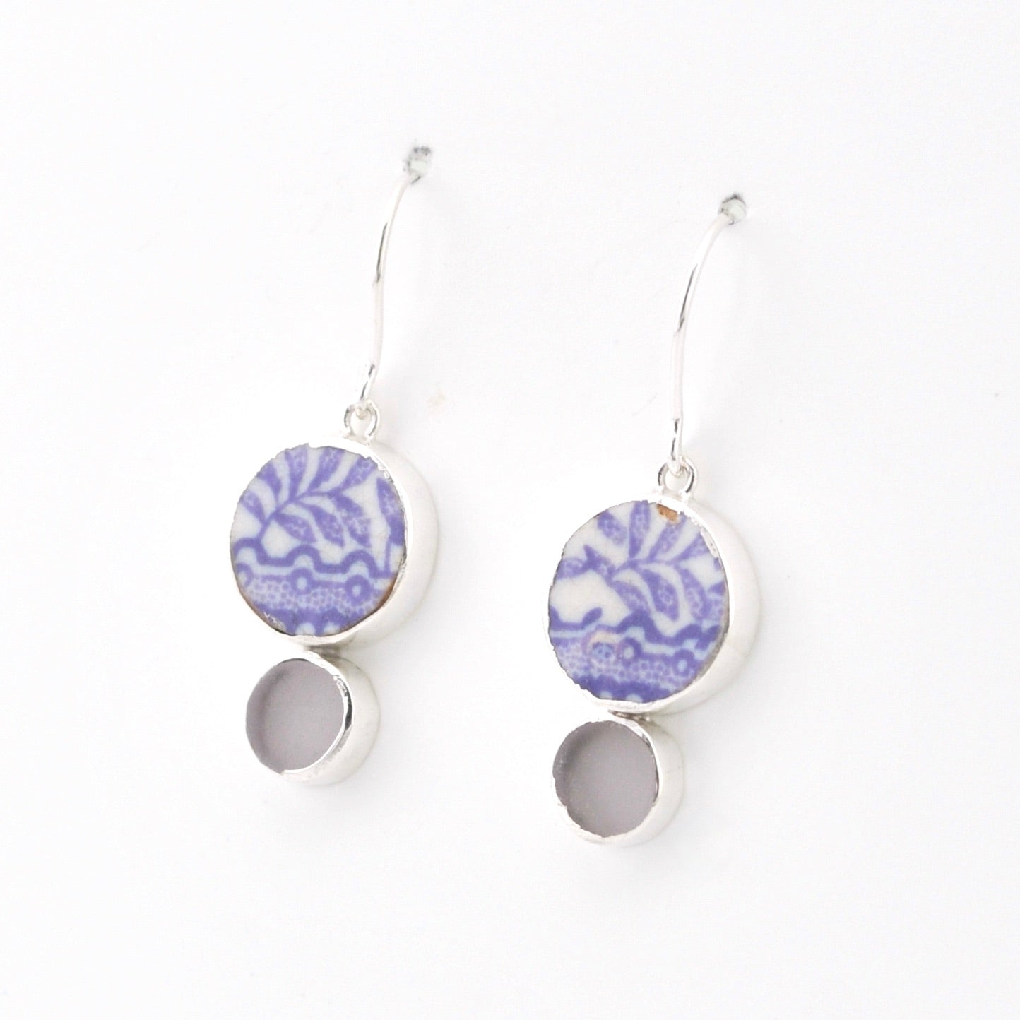 Silver Lavender Vintage Porcelain Sea Glass Dangle Earrings on white background