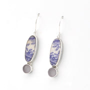 Handmade Silver Lavender Vintage Porcelain Sea Glass Earrings on white background