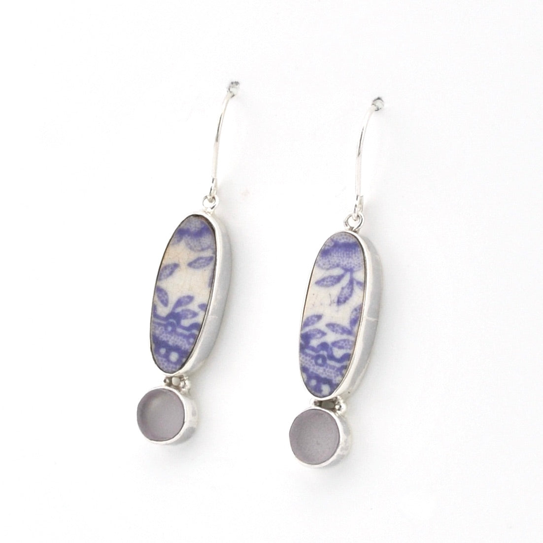 Handmade Silver Lavender Vintage Porcelain Sea Glass Earrings on white background