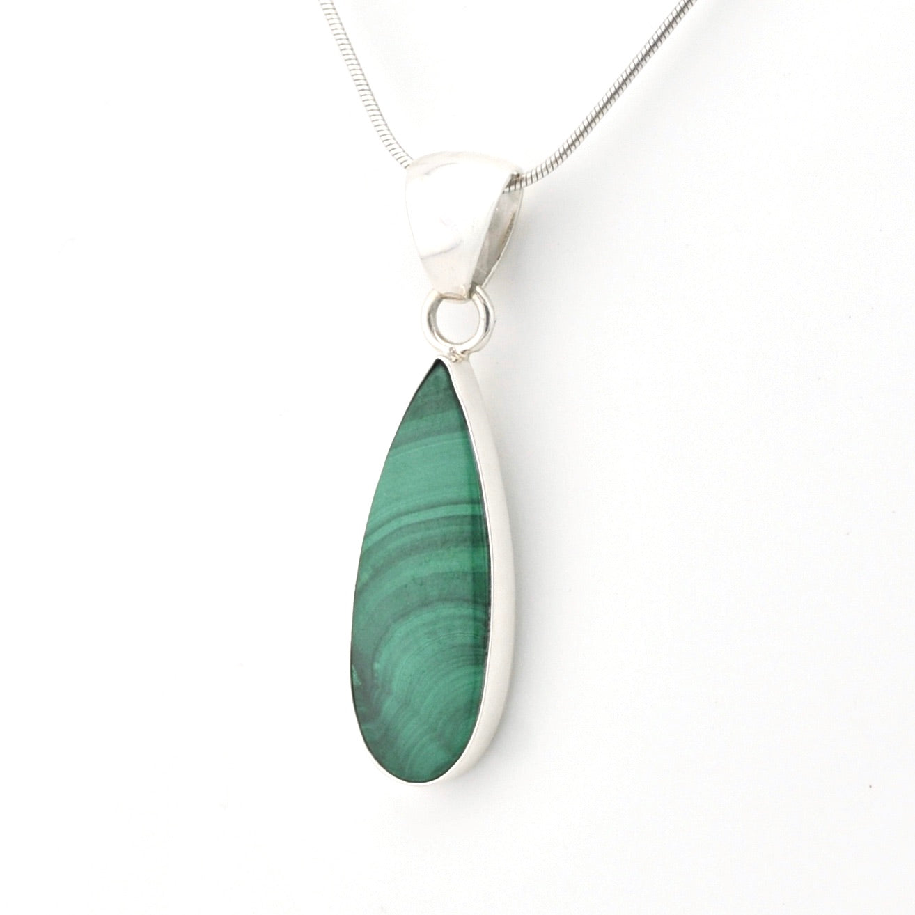 Side View Silver Malachite Long Tear Pendant