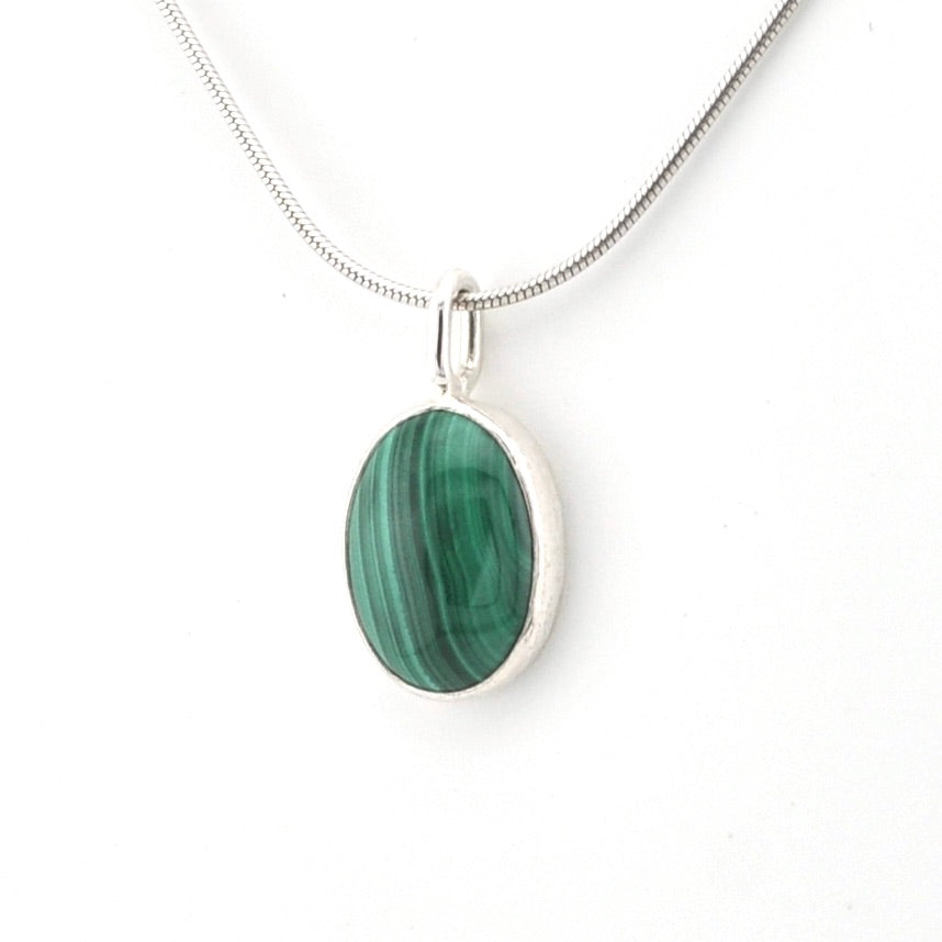 Side View Silver Malachite Small Oval Pendant
